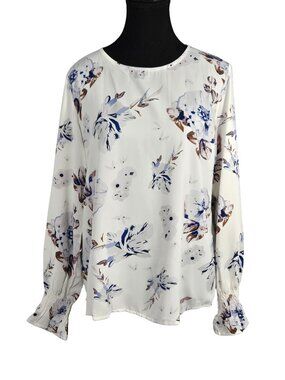 NWT | Dokotoo Ivory & Indigo Blue Floral Print Smocked Ruffle Cuff Blouse | Smal